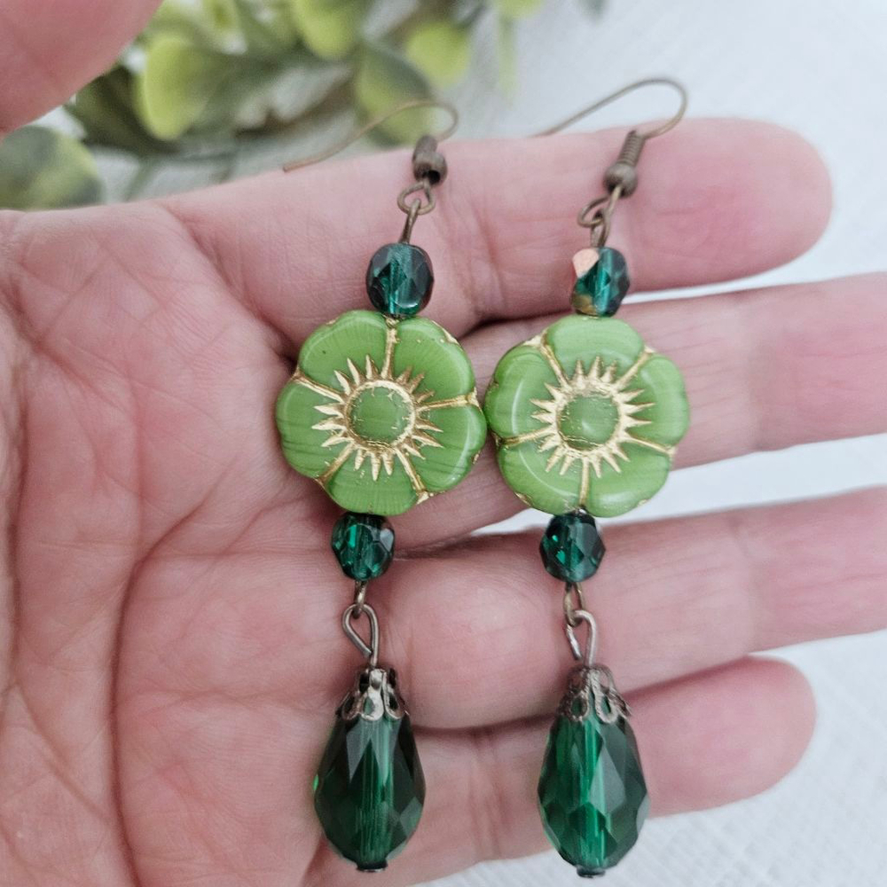 Artisan Czech Glass Green Women's Dangle Earrings